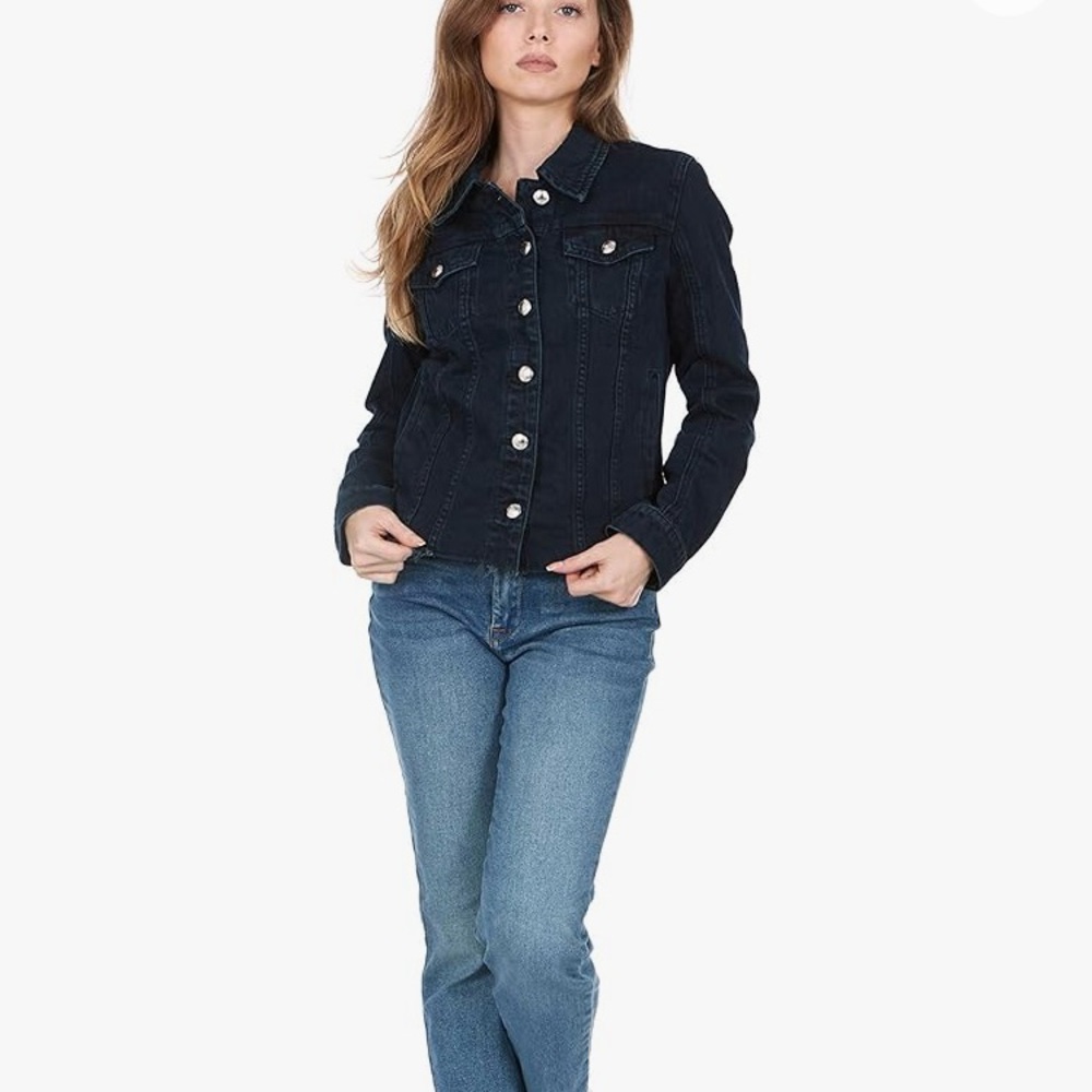 (A8) SILENT NEW YORK Women's Denim Jacket, raw hem in dark blue, size large, NWT